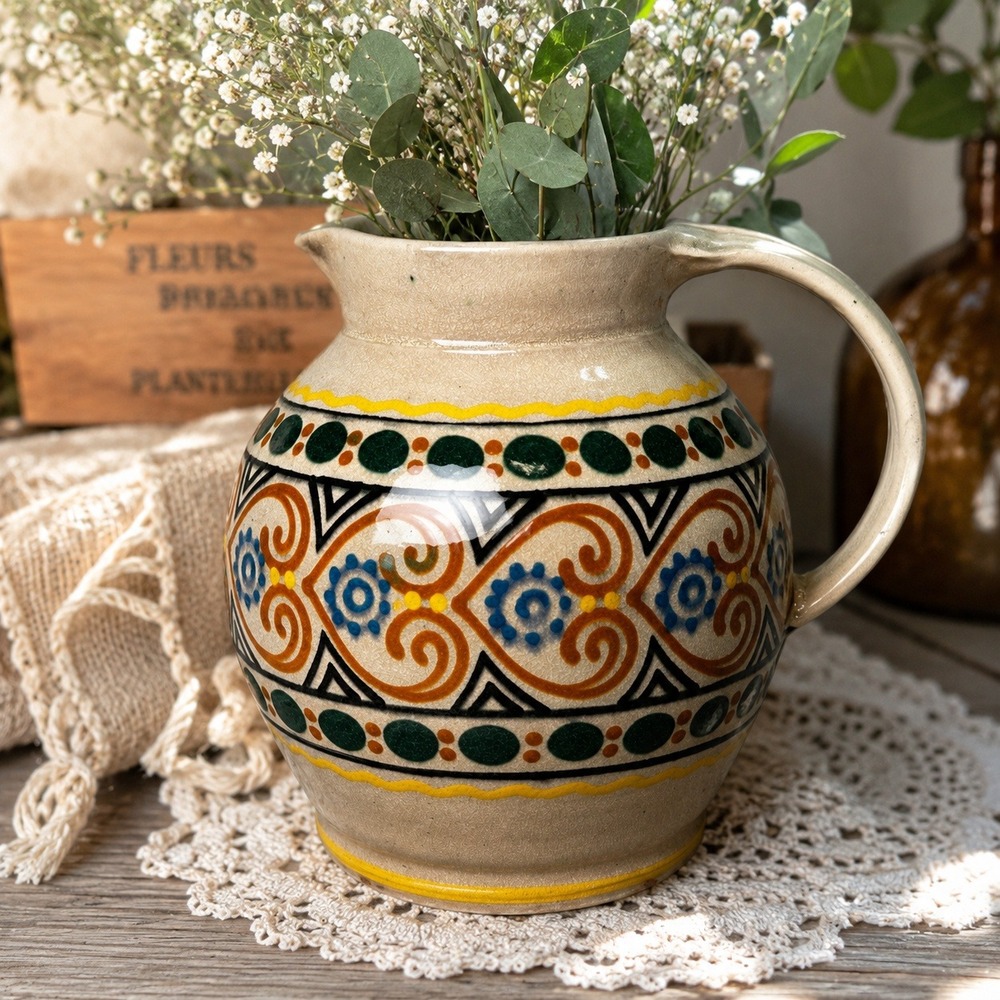 Vintage Mexican Folk Art Pottery Pitcher Tonala Style Hand Painted Ceramic Jug